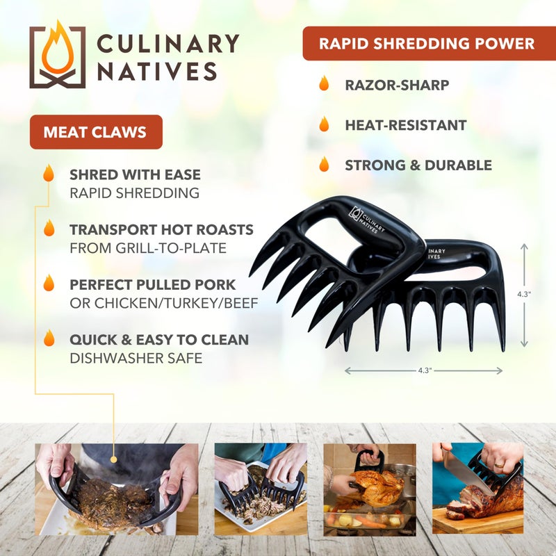 CULINARY NATIVES قفازات المدخن ومخالب اللحم | مقياس حرارة فوري، مؤقت وفرشاة | مجموعة ملحقات الشواء والمدخن المقاومة للحرارة رقم 1 | قفازات الشواء ومخالب لحم الخنزير المسحوب | مجموعة هدايا لشوايات الغاز والفحم والحبيبات - Image 3